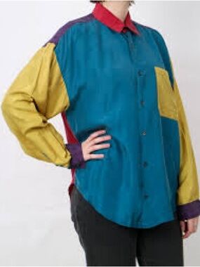 Silk saxony Button-Down Shirt in Teal, Mustard & Red